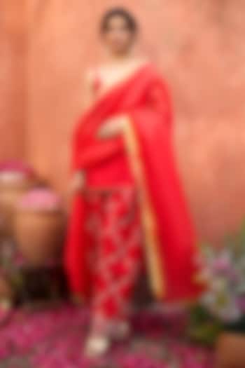 Crimson Red Khurkhul Handwoven Silk Resham Embroidered Kurta Set by 11 Tareng at Pernia's Pop Up Shop