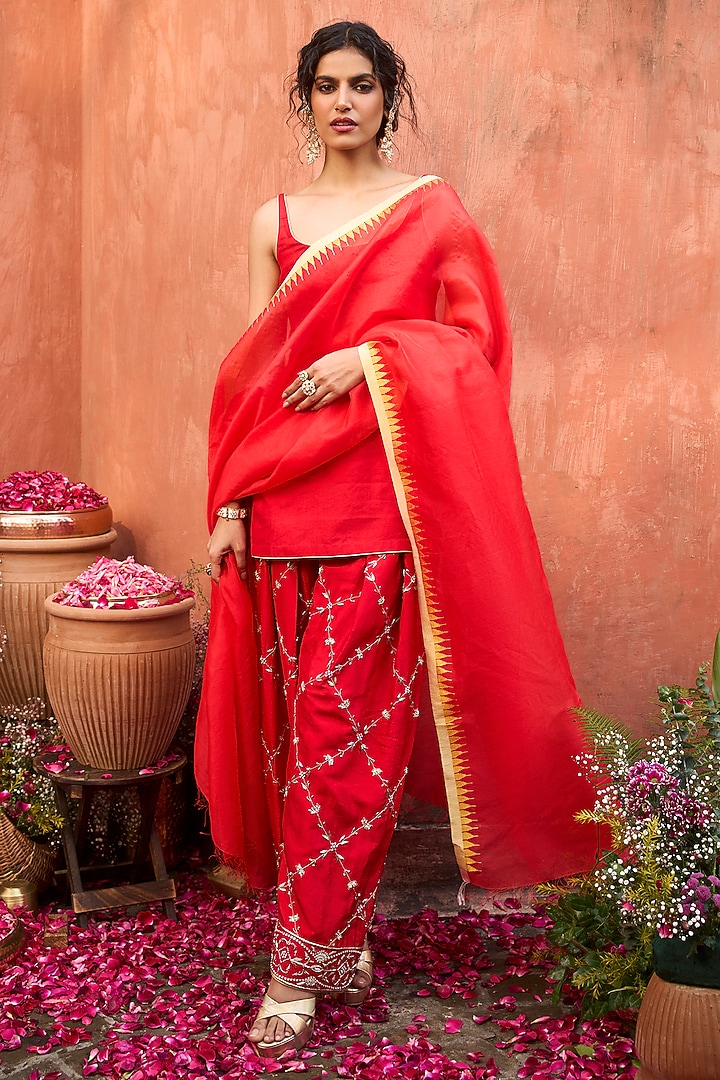 Crimson Red Khurkhul Handwoven Silk Resham Embroidered Kurta Set by 11 Tareng at Pernia's Pop Up Shop