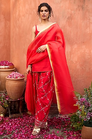Crimson Red Khurkhul Handwoven Silk Resham Embroidered Kurta Set by 11 Tareng
