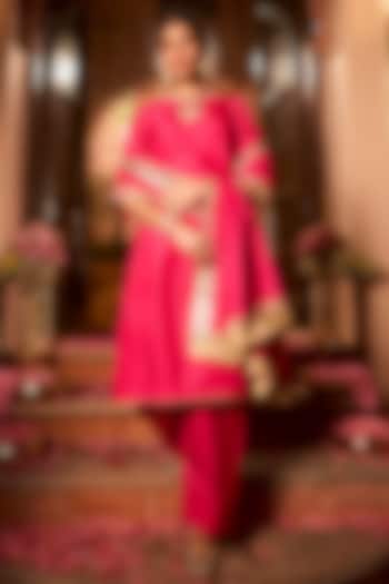 Cerise Pink Khurkhul Handwoven Silk Embroidered Kurta Set by 11 Tareng at Pernia's Pop Up Shop