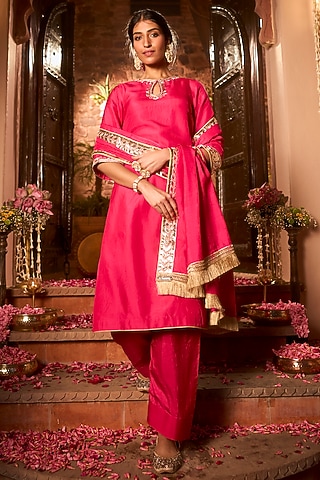 Cerise Pink Khurkhul Handwoven Silk Embroidered Kurta Set by 11 Tareng