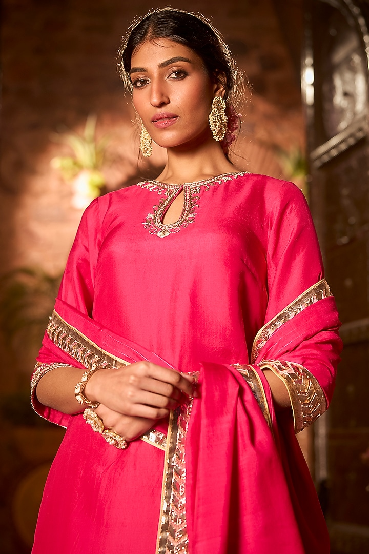 Cerise Pink Khurkhul Handwoven Silk Embroidered Kurta Set by 11 Tareng at Pernia's Pop Up Shop