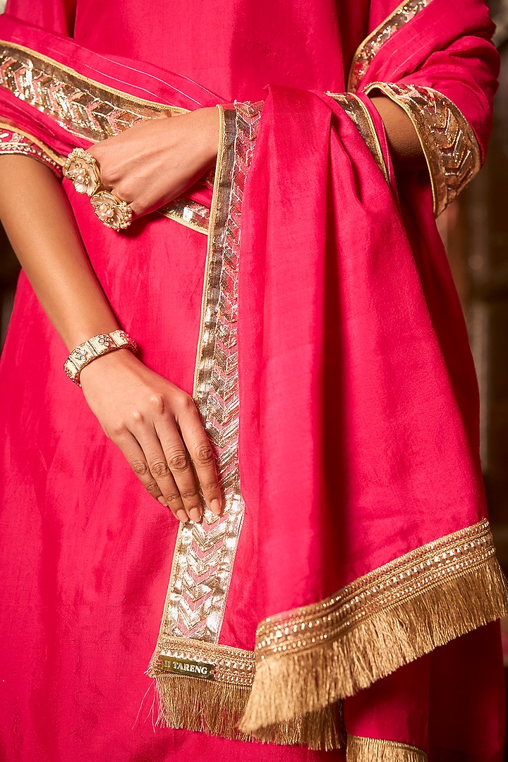 Cerise Pink Khurkhul Handwoven Silk Embroidered Kurta Set by 11 Tareng at Pernia's Pop Up Shop