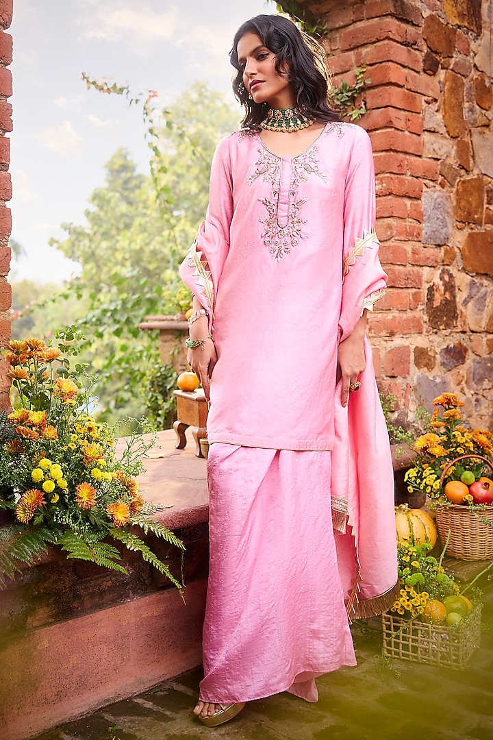 Peony Pink Khurkhul Handwoven Silk Pre-Draped Skirt Set by 11 Tareng at Pernia's Pop Up Shop