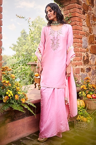 Peony Pink Khurkhul Handwoven Silk Pre-Draped Skirt Set by 11 Tareng