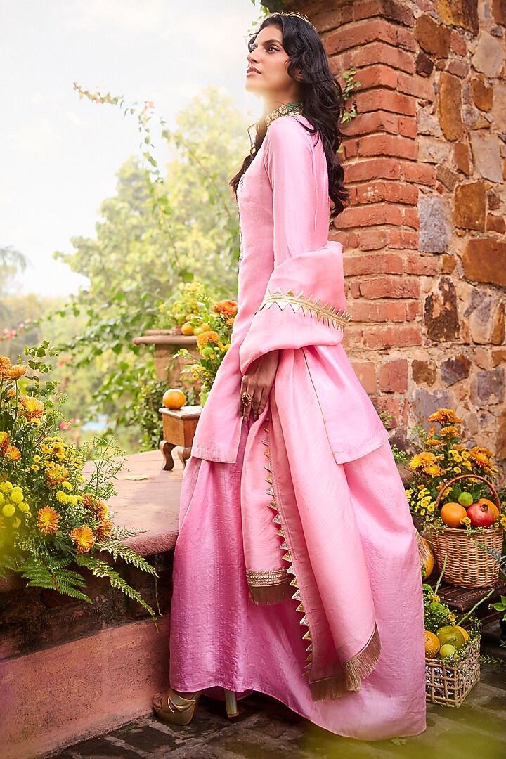 Peony Pink Khurkhul Handwoven Silk Pre-Draped Skirt Set by 11 Tareng at Pernia's Pop Up Shop