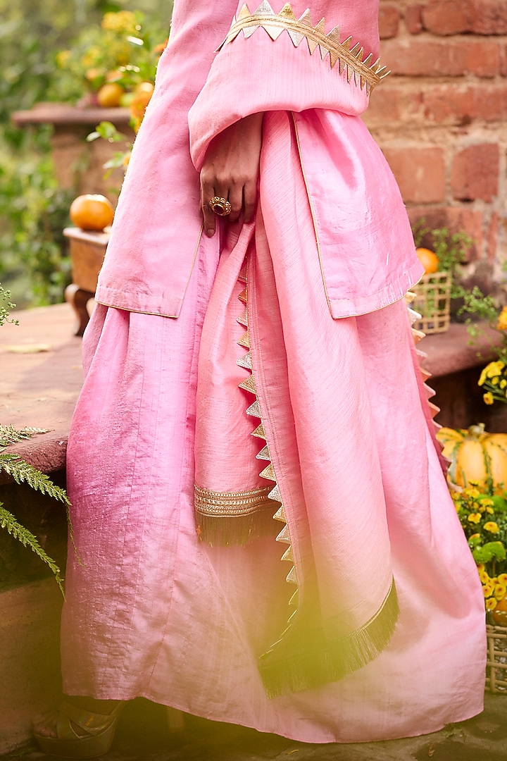 Peony Pink Khurkhul Handwoven Silk Pre-Draped Skirt Set by 11 Tareng at Pernia's Pop Up Shop