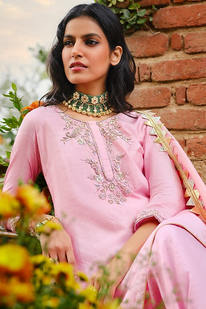 Peony Pink Khurkhul Handwoven Silk Pre-Draped Skirt Set by 11 Tareng at Pernia's Pop Up Shop