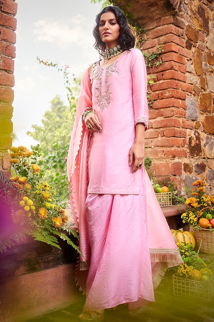 Peony Pink Khurkhul Handwoven Silk Pre-Draped Skirt Set by 11 Tareng at Pernia's Pop Up Shop