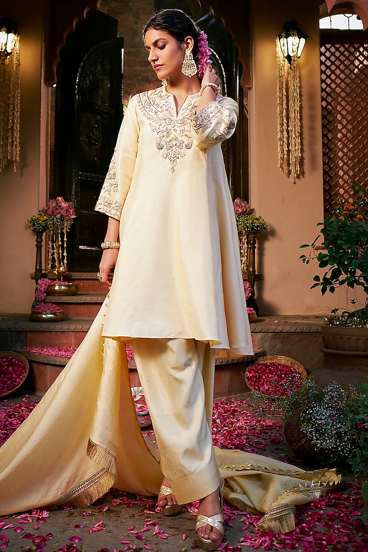 Butter Yellow Khurkhul Handwoven Silk Sequins Embroidered Kurta Set by 11 Tareng at Pernia's Pop Up Shop