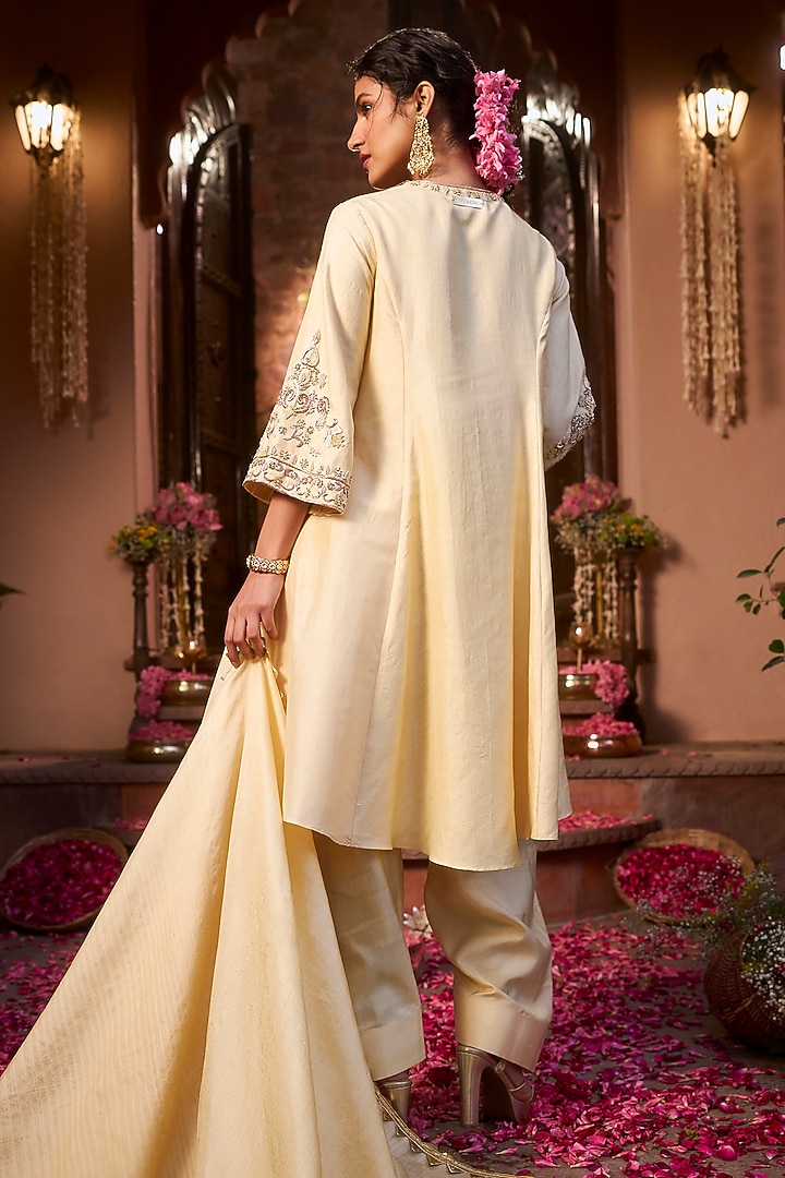 Butter Yellow Khurkhul Handwoven Silk Sequins Embroidered Kurta Set by 11 Tareng at Pernia's Pop Up Shop