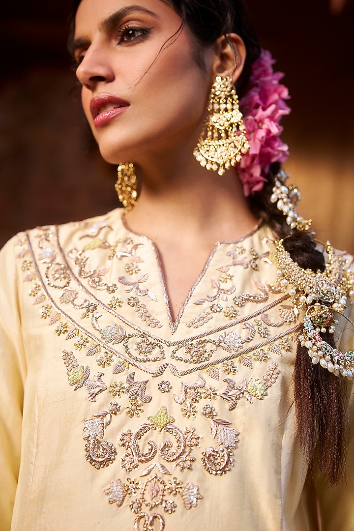 Butter Yellow Khurkhul Handwoven Silk Sequins Embroidered Kurta Set by 11 Tareng at Pernia's Pop Up Shop