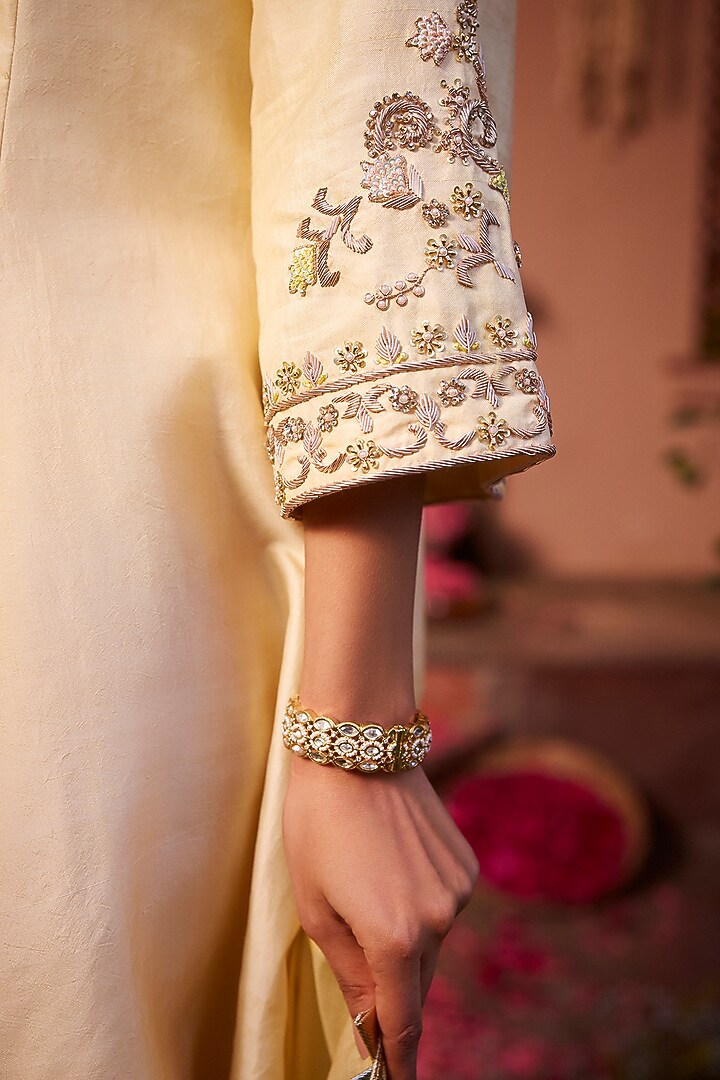 Butter Yellow Khurkhul Handwoven Silk Sequins Embroidered Kurta Set by 11 Tareng at Pernia's Pop Up Shop