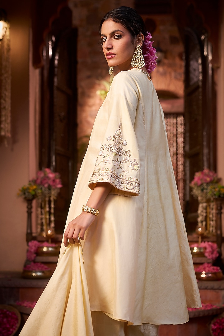 Butter Yellow Khurkhul Handwoven Silk Sequins Embroidered Kurta Set by 11 Tareng at Pernia's Pop Up Shop