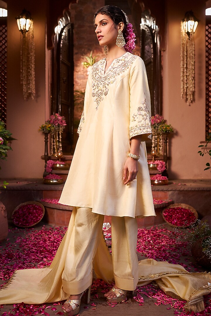 Butter Yellow Khurkhul Handwoven Silk Sequins Embroidered Kurta Set by 11 Tareng at Pernia's Pop Up Shop