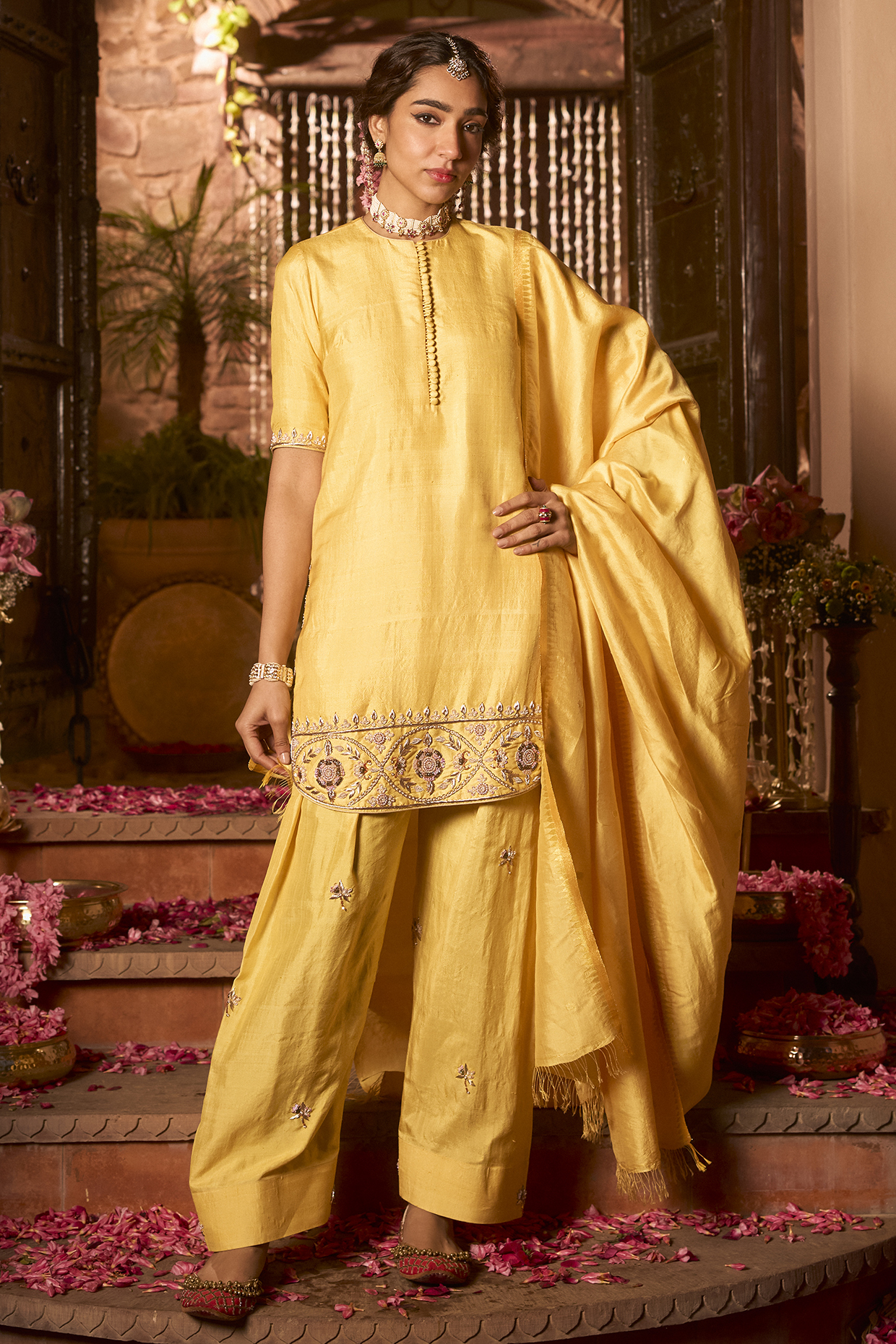 Saffron Yellow Khurkhul Handwoven Silk Sequins Embroidered Kurta Set by 11 Tareng at Pernia's Pop Up Shop