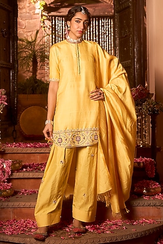 Saffron Yellow Khurkhul Handwoven Silk Sequins Embroidered Kurta Set by 11 Tareng