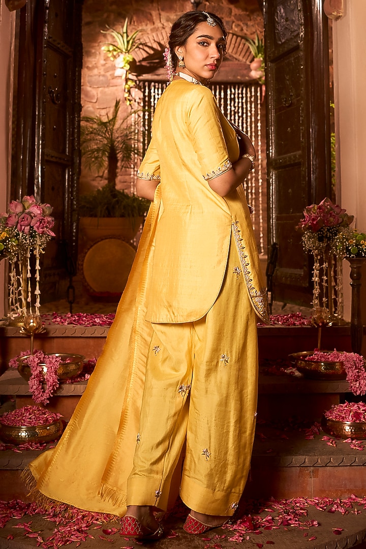 Saffron Yellow Khurkhul Handwoven Silk Sequins Embroidered Kurta Set by 11 Tareng at Pernia's Pop Up Shop