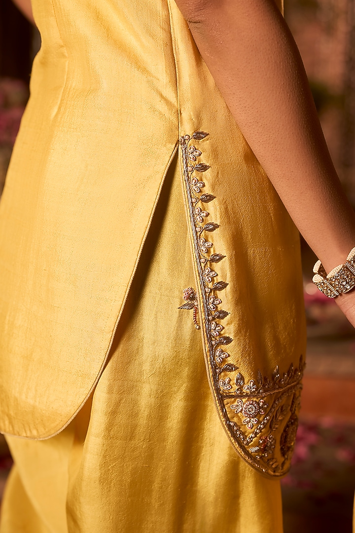 Saffron Yellow Khurkhul Handwoven Silk Sequins Embroidered Kurta Set by 11 Tareng at Pernia's Pop Up Shop