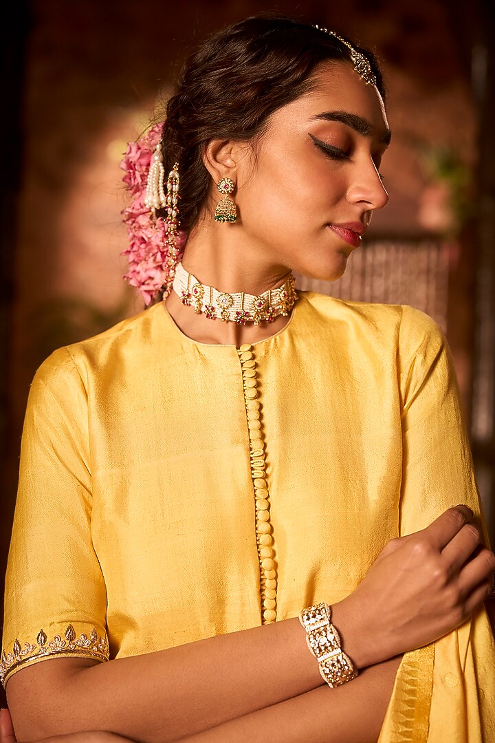 Saffron Yellow Khurkhul Handwoven Silk Sequins Embroidered Kurta Set by 11 Tareng at Pernia's Pop Up Shop