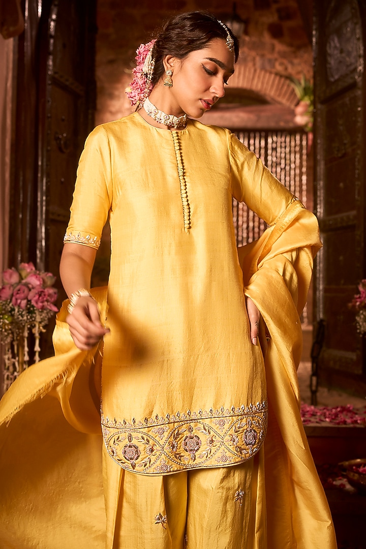Saffron Yellow Khurkhul Handwoven Silk Sequins Embroidered Kurta Set by 11 Tareng at Pernia's Pop Up Shop