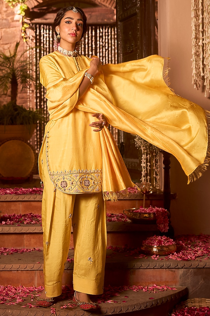 Saffron Yellow Khurkhul Handwoven Silk Sequins Embroidered Kurta Set by 11 Tareng at Pernia's Pop Up Shop