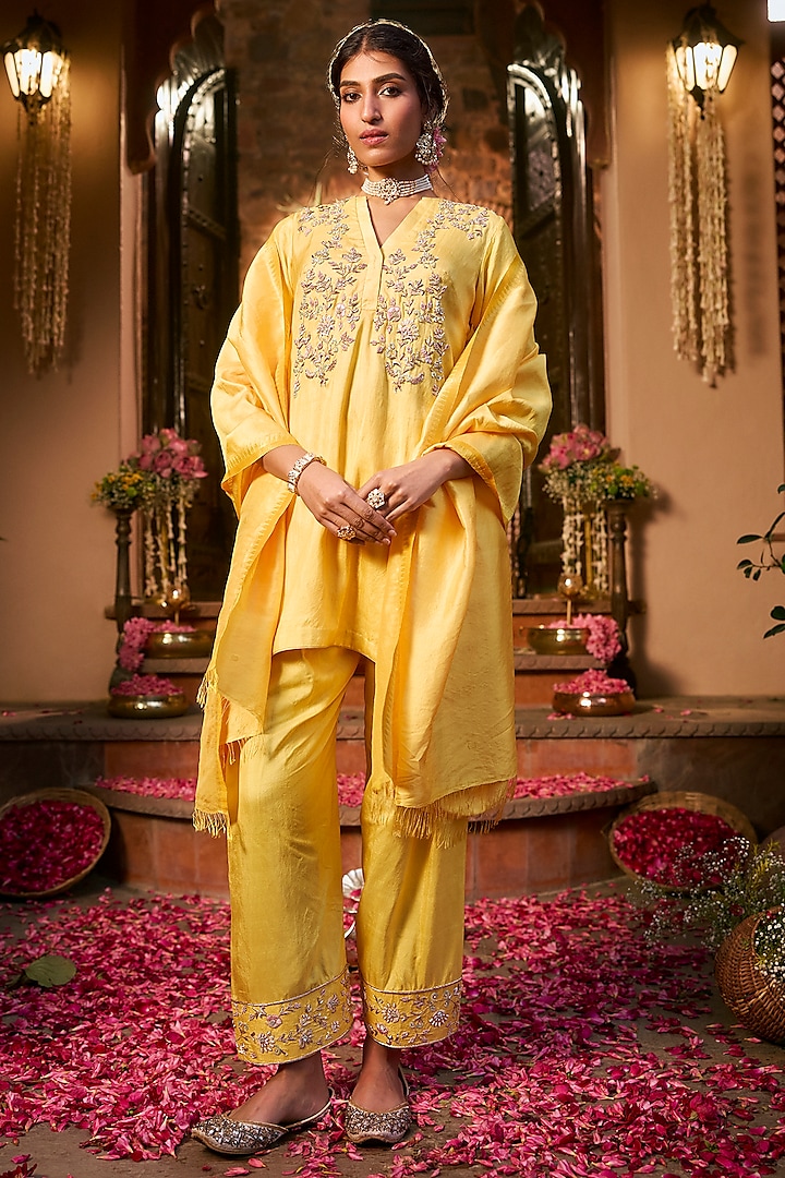 Saffron Yellow Khurkhul Handwoven Silk Cutdana Embroidered Kurta Set by 11 Tareng at Pernia's Pop Up Shop