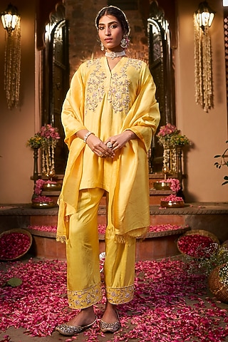 Saffron Yellow Khurkhul Handwoven Silk Cutdana Embroidered Kurta Set by 11 Tareng