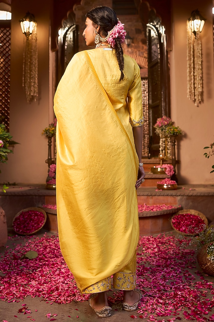 Saffron Yellow Khurkhul Handwoven Silk Cutdana Embroidered Kurta Set by 11 Tareng at Pernia's Pop Up Shop