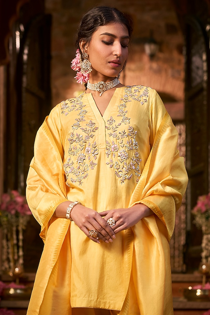 Saffron Yellow Khurkhul Handwoven Silk Cutdana Embroidered Kurta Set by 11 Tareng at Pernia's Pop Up Shop