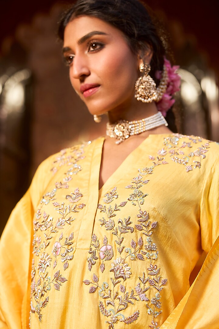 Saffron Yellow Khurkhul Handwoven Silk Cutdana Embroidered Kurta Set by 11 Tareng at Pernia's Pop Up Shop