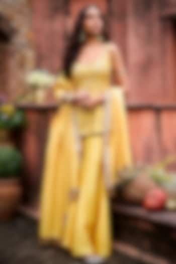 Saffron Yellow Khurkhul Handwoven Silk Bridal Sharara Set by 11 Tareng at Pernia's Pop Up Shop