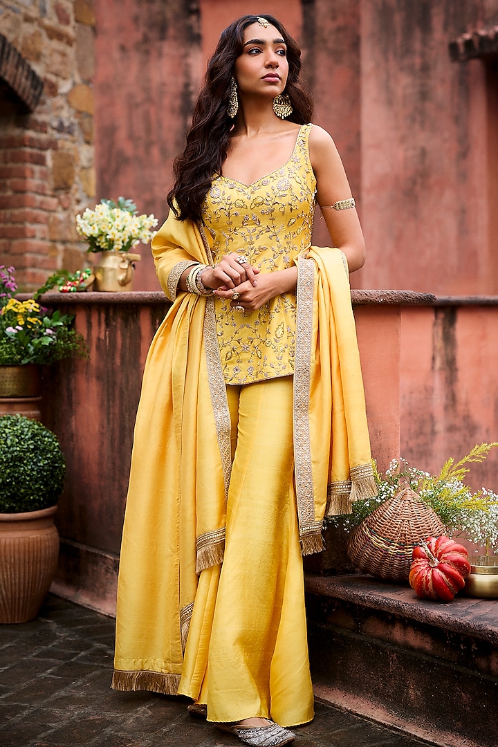 Saffron Yellow Khurkhul Handwoven Silk Bridal Sharara Set by 11 Tareng at Pernia's Pop Up Shop