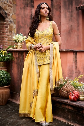 Saffron Yellow Khurkhul Handwoven Silk Sharara Set by 11 Tareng