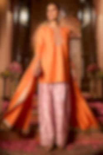 Tangerine Orange & Peony Pink Khurkhul Handwoven Silk Thread Embroidered Kurta Set by 11 Tareng at Pernia's Pop Up Shop
