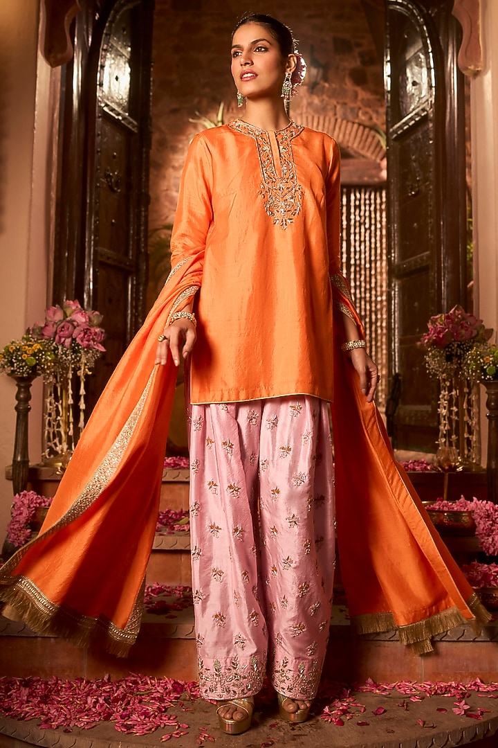 Tangerine Orange & Peony Pink Khurkhul Handwoven Silk Thread Embroidered Kurta Set by 11 Tareng at Pernia's Pop Up Shop