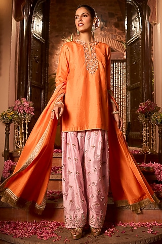 Tangerine Orange & Peony Pink Khurkhul Handwoven Silk Thread Embroidered Kurta Set by 11 Tareng