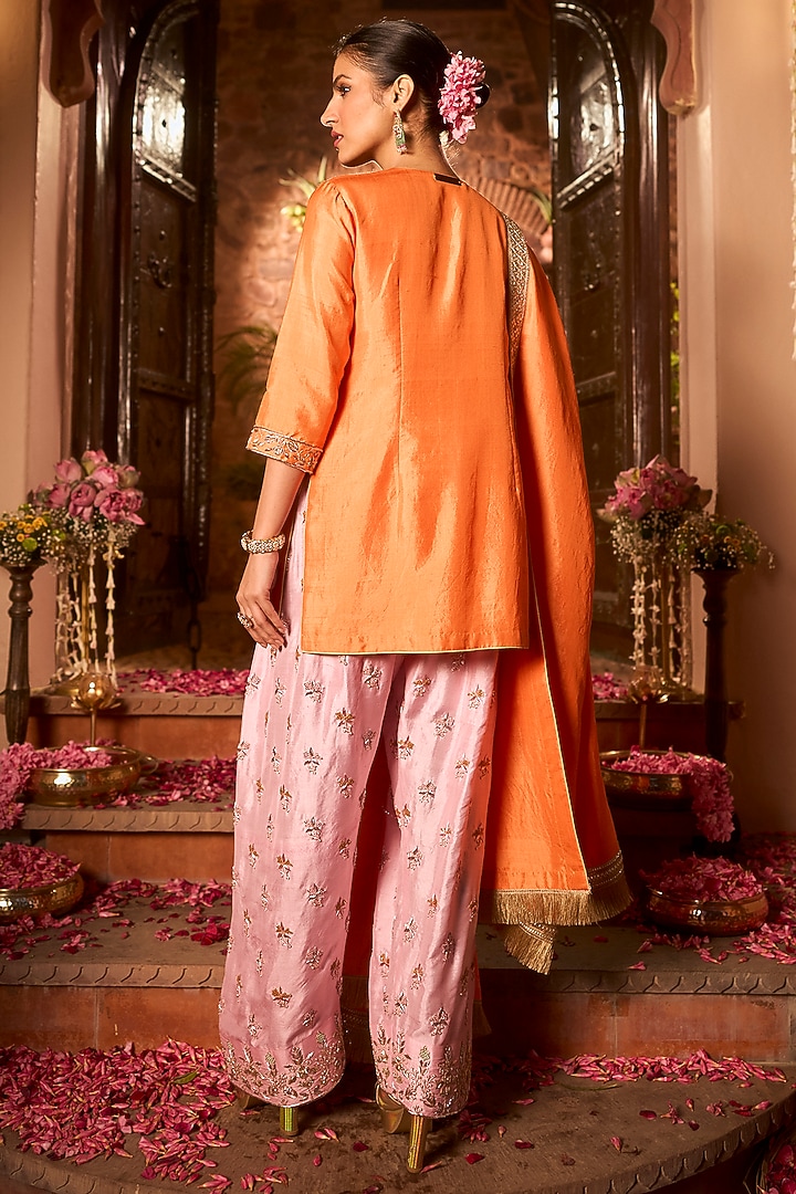 Tangerine Orange & Peony Pink Khurkhul Handwoven Silk Thread Embroidered Kurta Set by 11 Tareng at Pernia's Pop Up Shop