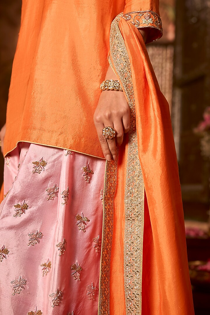 Tangerine Orange & Peony Pink Khurkhul Handwoven Silk Thread Embroidered Kurta Set by 11 Tareng at Pernia's Pop Up Shop