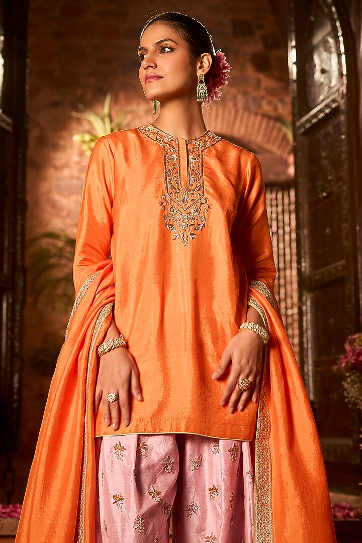 Tangerine Orange & Peony Pink Khurkhul Handwoven Silk Thread Embroidered Kurta Set by 11 Tareng at Pernia's Pop Up Shop
