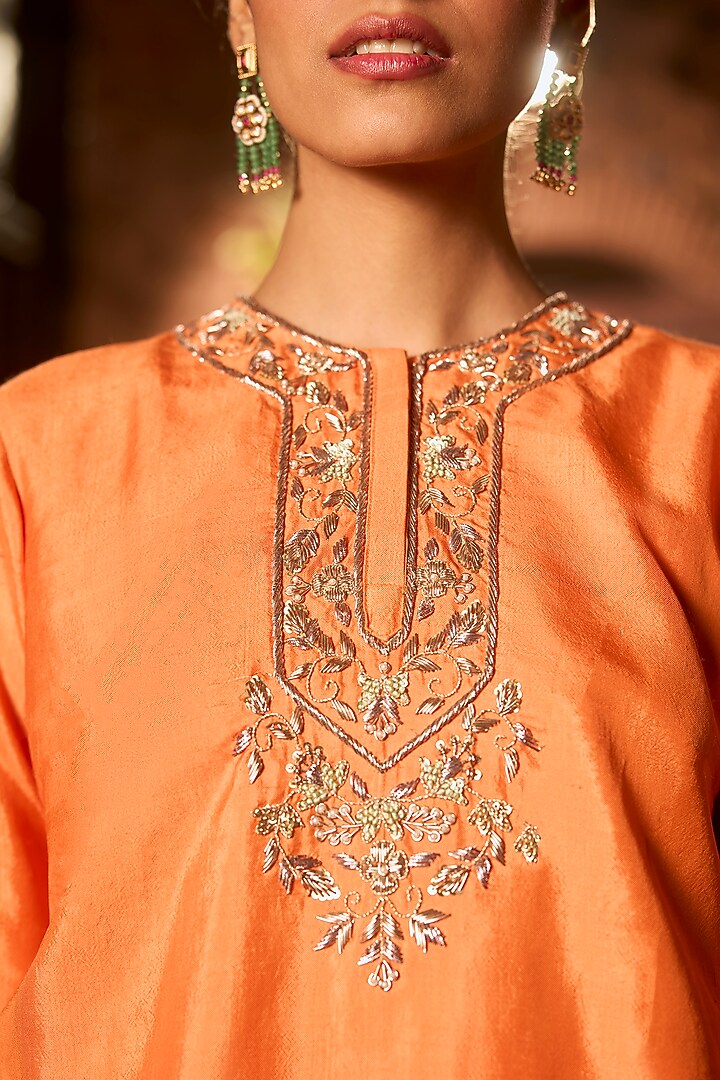 Tangerine Orange & Peony Pink Khurkhul Handwoven Silk Thread Embroidered Kurta Set by 11 Tareng at Pernia's Pop Up Shop