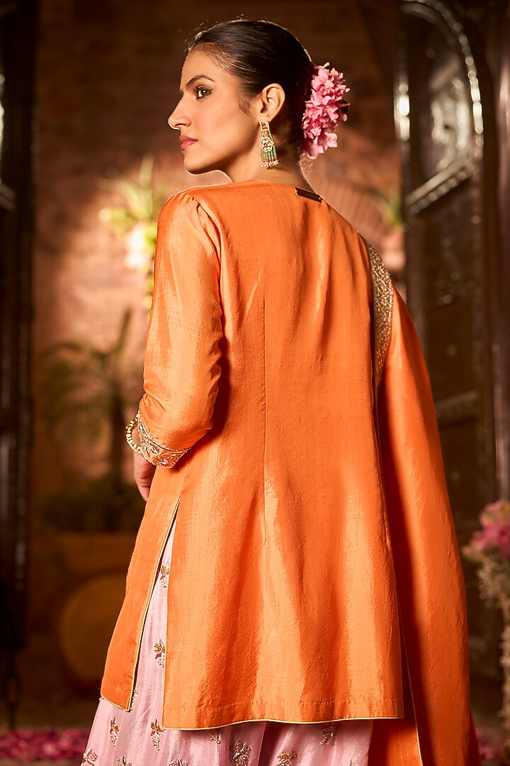 Tangerine Orange & Peony Pink Khurkhul Handwoven Silk Thread Embroidered Kurta Set by 11 Tareng at Pernia's Pop Up Shop