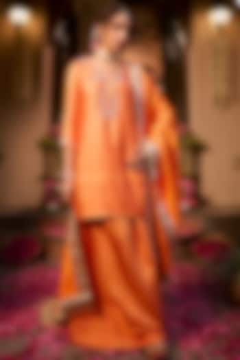 Tangerine Orange Khurkhul Handwoven Silk Pre-Draped Skirt Set by 11 Tareng at Pernia's Pop Up Shop