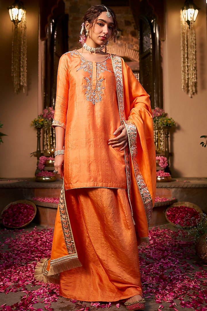 Tangerine Orange Khurkhul Handwoven Silk Pre-Draped Skirt Set by 11 Tareng at Pernia's Pop Up Shop