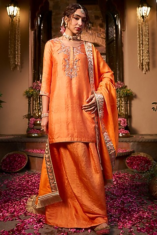 Tangerine Orange Khurkhul Handwoven Silk Pre-Draped Skirt Set by 11 Tareng