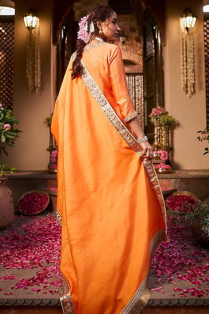 Tangerine Orange Khurkhul Handwoven Silk Pre-Draped Skirt Set by 11 Tareng at Pernia's Pop Up Shop