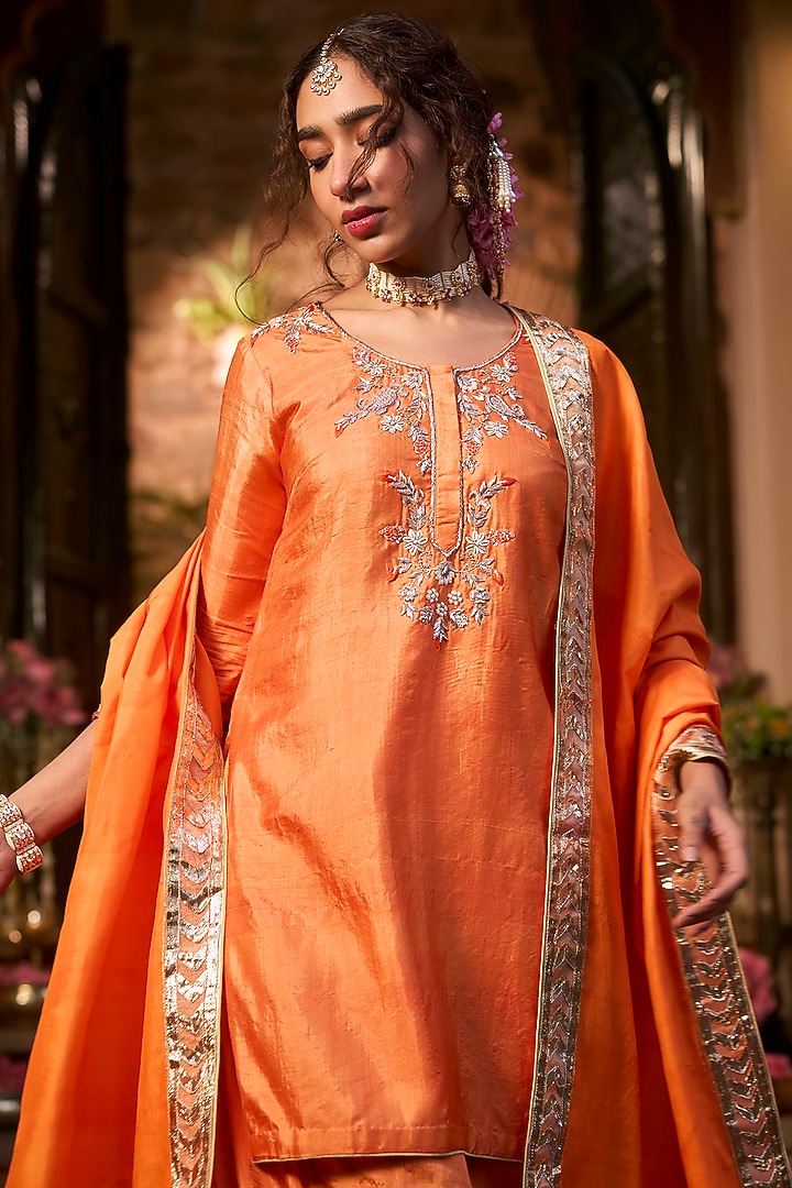 Tangerine Orange Khurkhul Handwoven Silk Pre-Draped Skirt Set by 11 Tareng at Pernia's Pop Up Shop