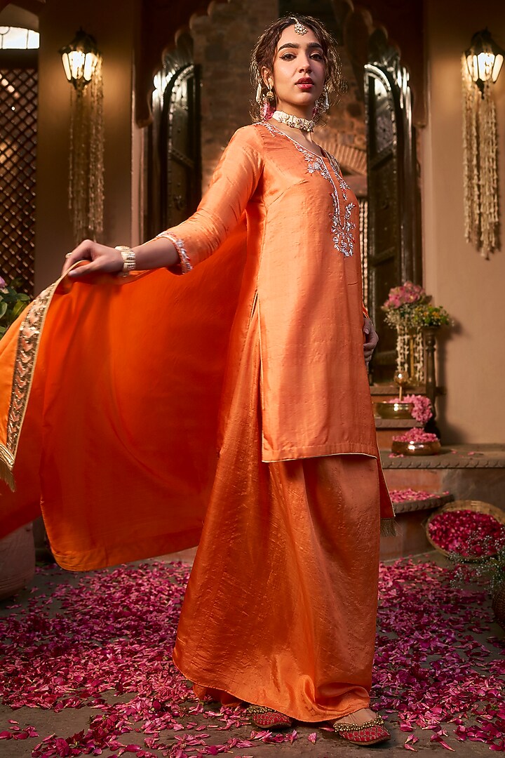 Tangerine Orange Khurkhul Handwoven Silk Pre-Draped Skirt Set by 11 Tareng at Pernia's Pop Up Shop