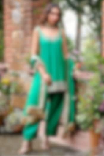 Emerald Green Khurkhul Handwoven Silk Thread Embroidered Kurta Set by 11 Tareng at Pernia's Pop Up Shop
