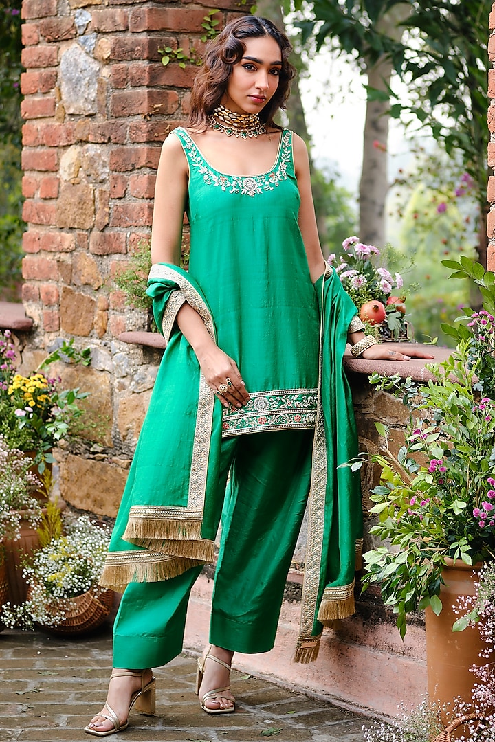 Emerald Green Khurkhul Handwoven Silk Thread Embroidered Kurta Set by 11 Tareng at Pernia's Pop Up Shop